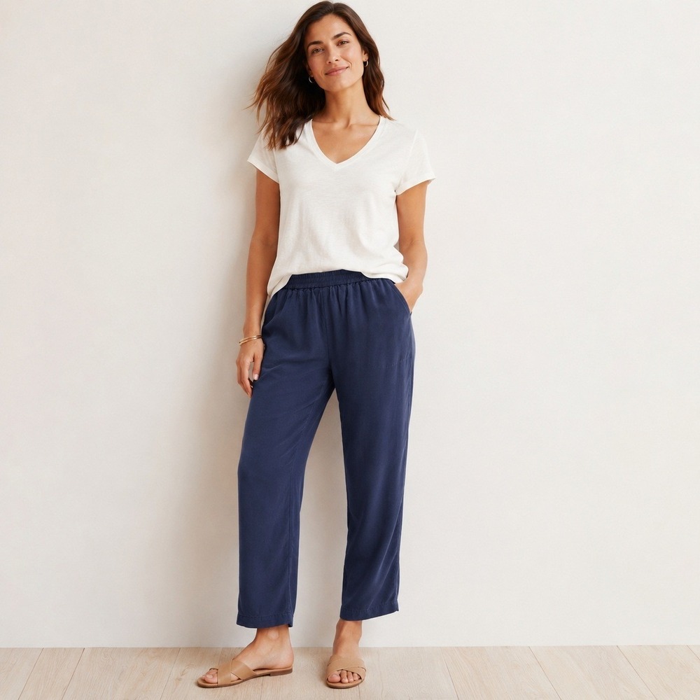 Pure Jill Sand-Washed Navy Blue Modal Rayon Relaxed Elastic Waist Pants Medium